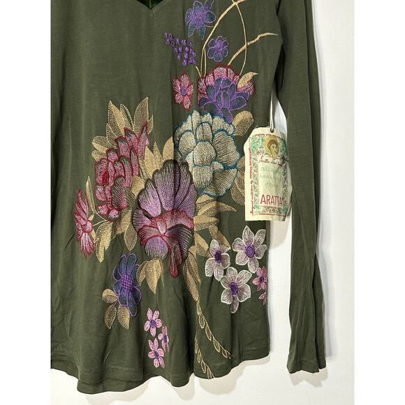 Aratta Green Floral Long Sleeve Top Size Sm/Med NWOT Embroidery Velvet Accents - Picture 5 of 12